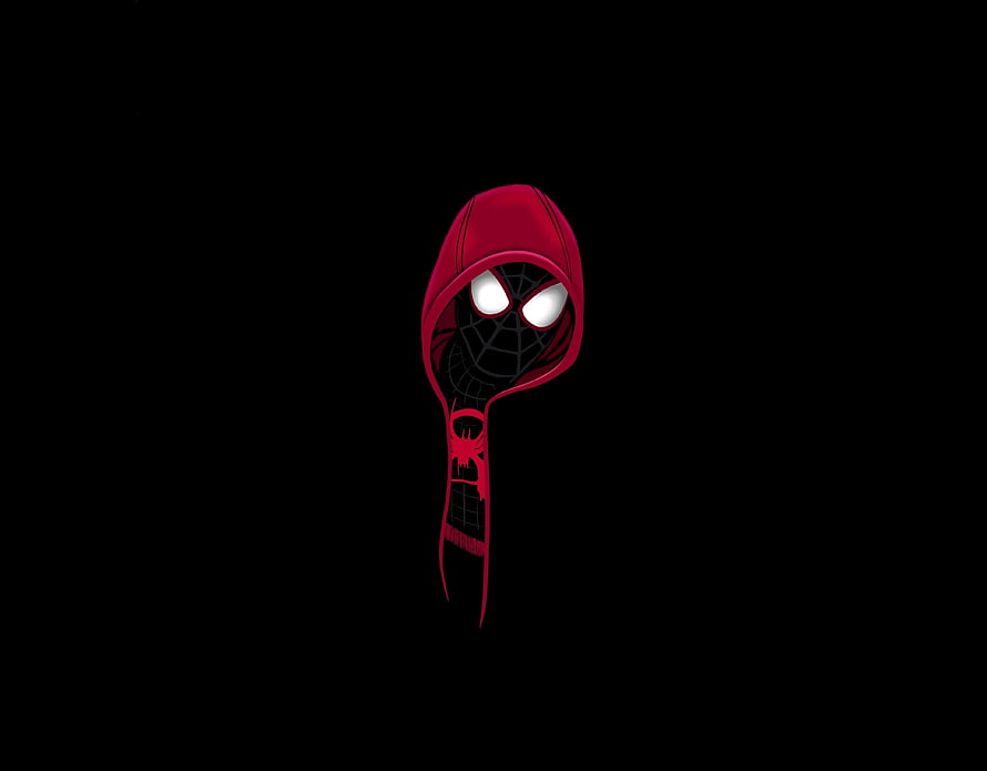 Miles Morales Spider-Man Hoodie Illustration on Black Background, Spider-man, minimal art, 2020, marvel comics HD wallpaper