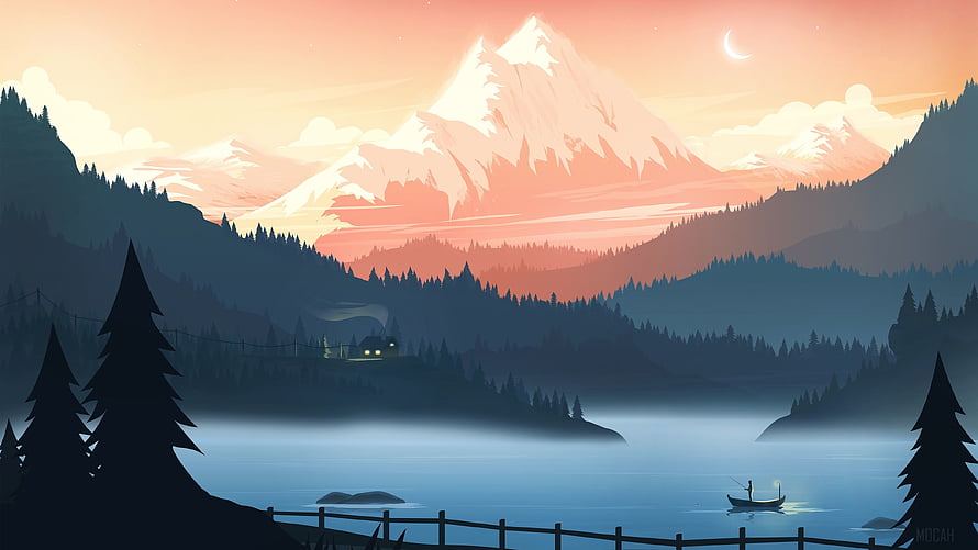 Serene Mountain Lake Sunset With Cabin And Fishing Boat HD wallpaper