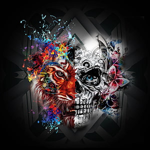 Abstract Tiger Head and Mechanical Skull Art with Colorful Paint Splatters HD phone wallpaper