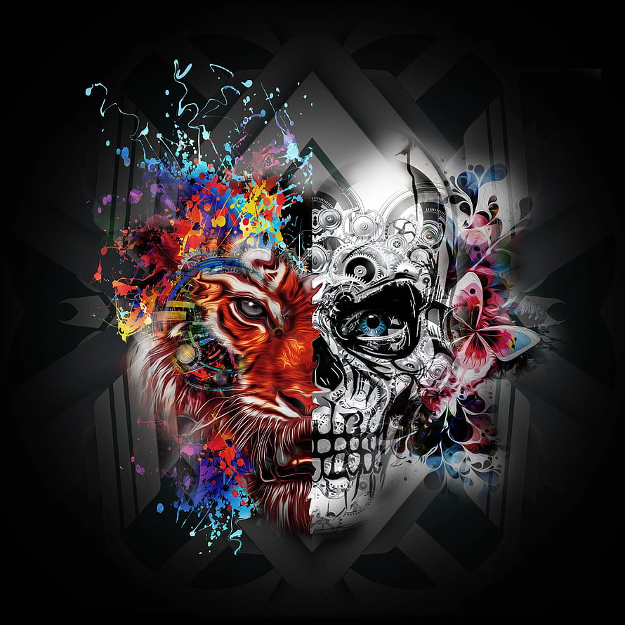 Abstract Tiger Head and Mechanical Skull Art with Colorful Paint Splatters HD phone wallpaper