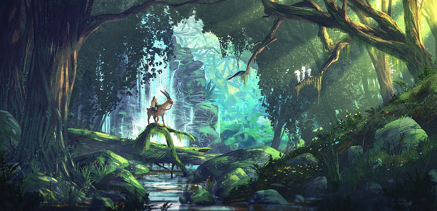 Studio Ghibli Style Fantasy Forest Scene With Waterfall And Character On Deer HD wallpaper