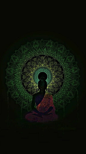 Meditating Buddha Silhouette With Intricate Green Mandala Background, Lord Buddha, artifact, art HD phone wallpaper