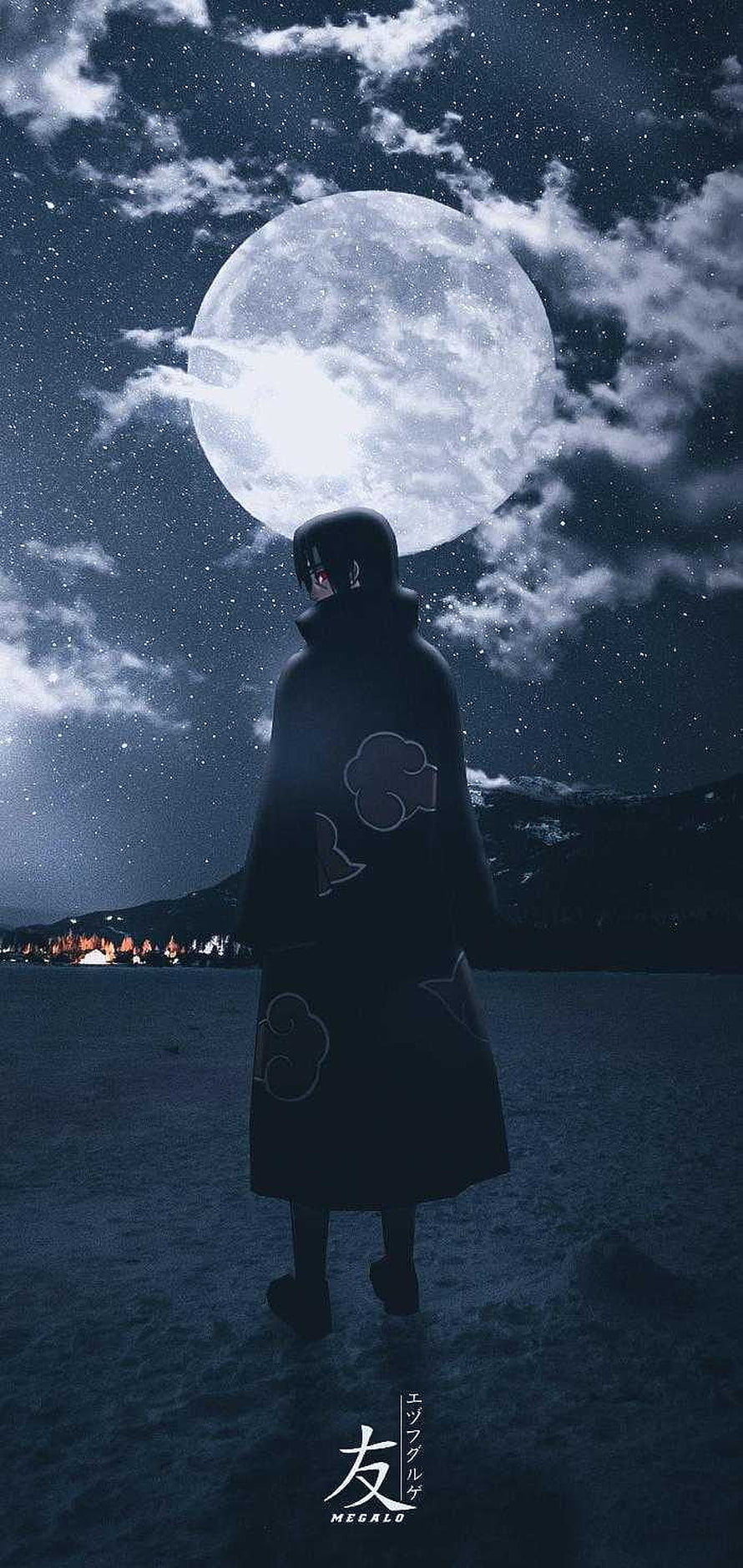 Itachi Uchiha Standing Under Giant Moon Night Sky Anime Wallpaper HD phone wallpaper