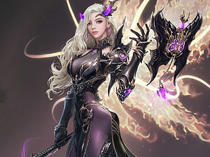 Blonde Fantasy Woman in Dark Armor with Purple Wings and Glowing Halo, Fantasy girl, seunghee lee, wings, frumusete, angel, girl, purple, pink, fantasy, luminos HD wallpaper