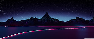 Neon Synthwave Mountain Landscape with Glowing Horizon and Starry Night Sky HD wallpaper