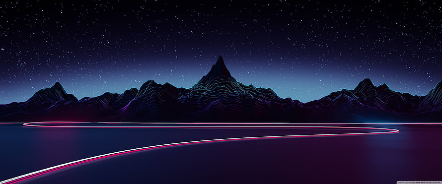 Neon Synthwave Mountain Landscape with Glowing Horizon and Starry Night Sky HD wallpaper