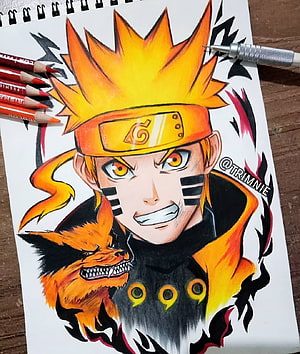 Naruto Uzumaki Baryon Mode Colored Pencil Artwork with Nine-Tails Fox HD phone wallpaper