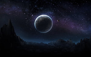 Mysterious Alien Planet Landscape With Rocky Mountains And Starry Night Sky HD wallpaper