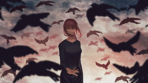 Makima from Chainsaw Man Standing Amidst a Flock of Crows in a Dark Anime Illustration, makima (chainsaw man) drawn HD wallpaper