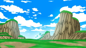 Dragon Ball Z Animated Landscape with Rocky Outcrops and Tropical Sky HD wallpaper