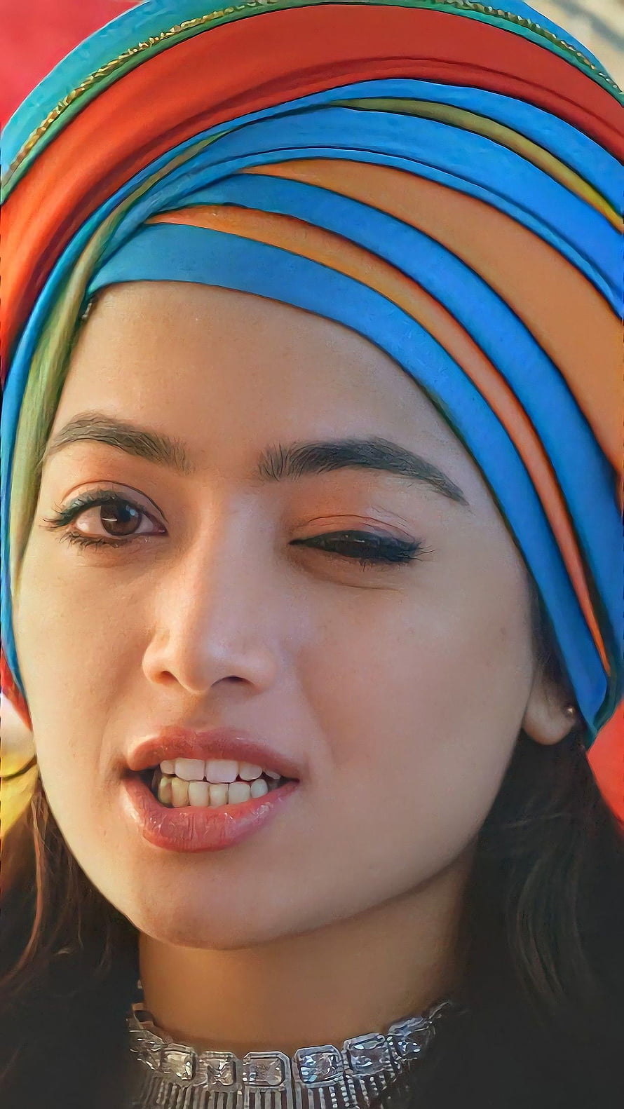 Rashmika Mandanna Wearing Vibrant Multicolored Turban and Silver Necklace HD phone wallpaper