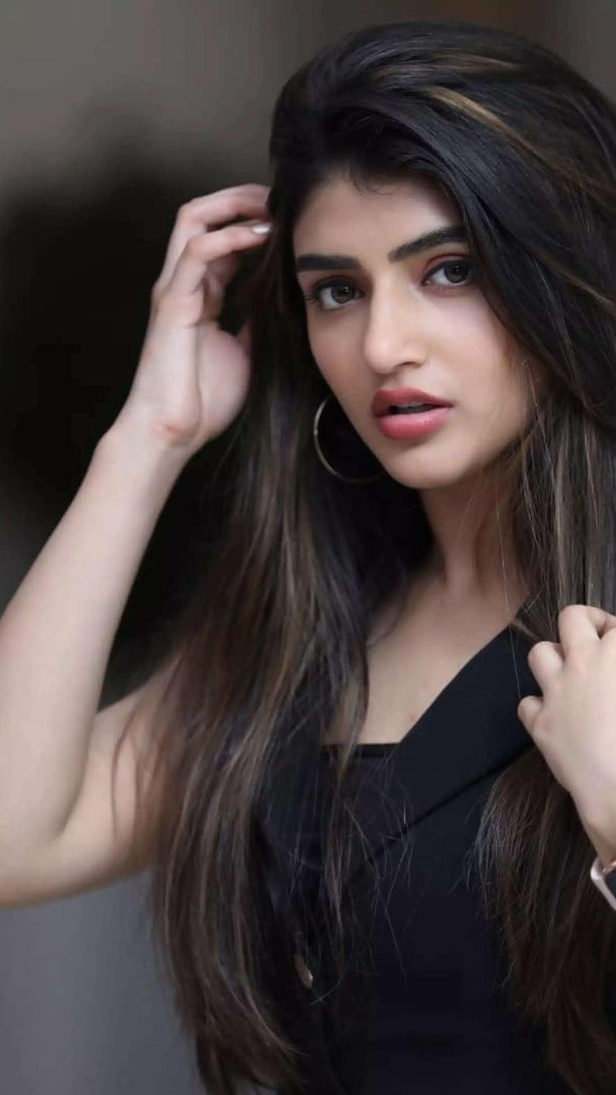 Portrait of Indian Actress Pooja Hegde with Long Hair and Black Dress HD phone wallpaper