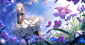 Violet Evergarden Anime Character in Flowing White Dress Amidst Purple Flowers and Floating Petals HD wallpaper