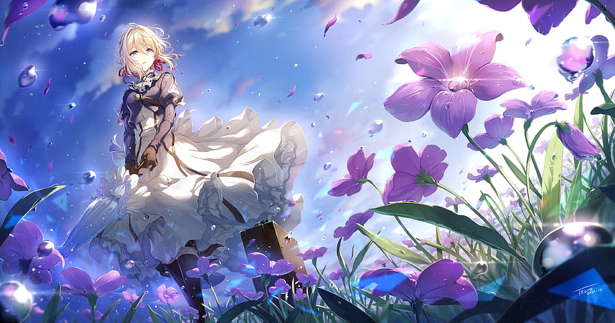 Violet Evergarden Anime Character in Flowing White Dress Amidst Purple Flowers and Floating Petals HD wallpaper