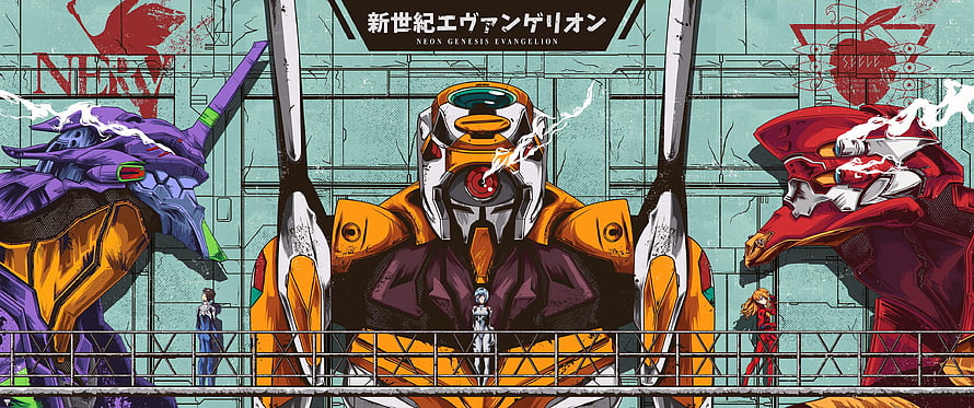 Neon Genesis Evangelion Unit 00 01 02 mechs with pilots Rei Asuka Shinji HD wallpaper