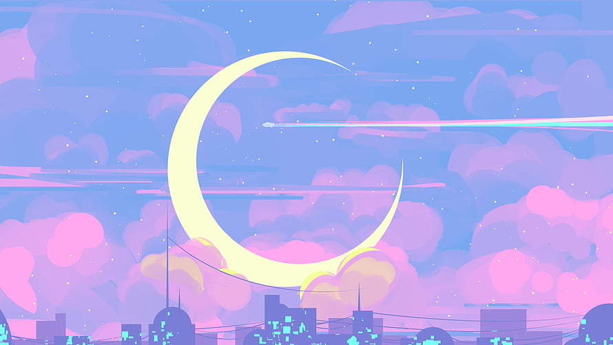 Retro Synthwave Cityscape With Giant Crescent Moon And Shooting Star HD wallpaper