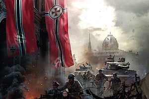 WWII German Army Tank Division Advancing Through War-Torn European City, Ww2 Background, German Soldiers HD wallpaper