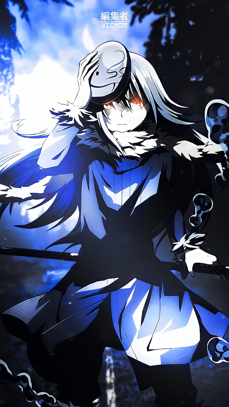 Anime character with white hair and red eyes holding a sword and mask in blue moonlight HD phone wallpaper