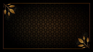 Elegant Black and Gold Geometric Background with Hexagonal Pattern and Glittering Leaf Accents HD wallpaper