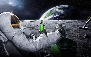 Astronaut Relaxing on the Moon Surface with Earth in the Background HD wallpaper