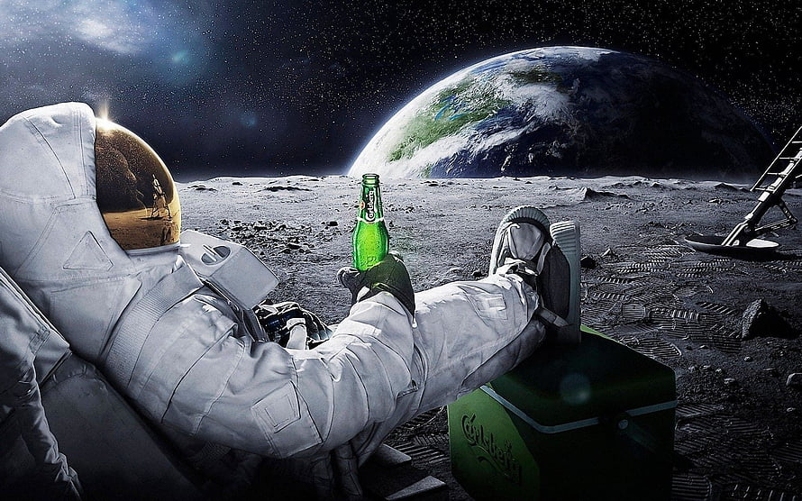 Astronaut Relaxing on the Moon with a Green Bottle and Earth in the Background HD wallpaper