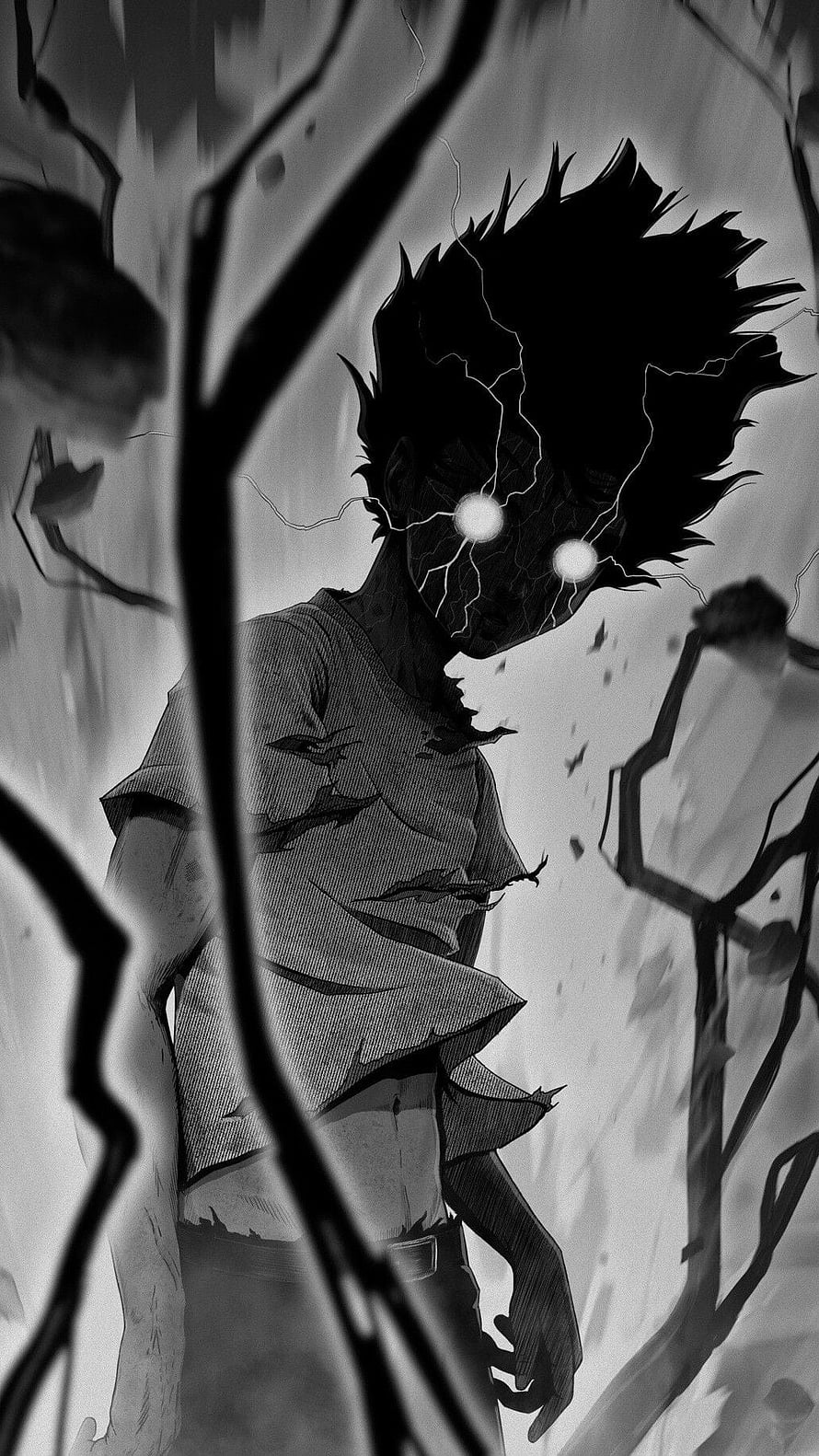 Dark Anime Character With Glowing Eyes And Torn Shirt In Black And White HD phone wallpaper
