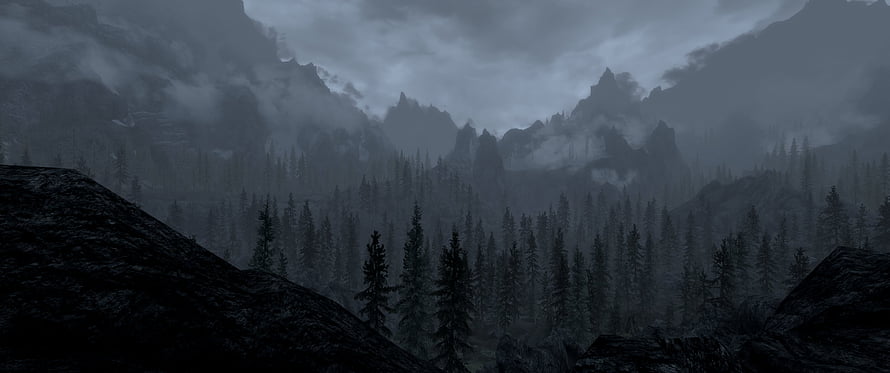 Dark Misty Mountain Landscape With Pine Forest And Foggy Peaks HD wallpaper