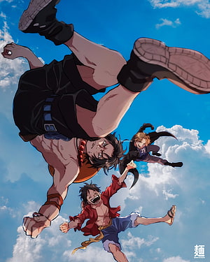 Monkey D. Luffy, Eustass Kid, and Sabo falling through the sky in One Piece anime style HD phone wallpaper