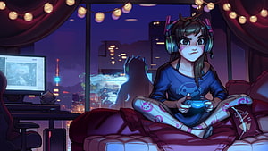 Anime Girl Gaming on Bed with Headset and Controller in Nighttime City Room HD wallpaper