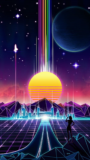 Retro Synthwave Sunset with Neon Grid, Low Poly Mountains, and Silhouette Figure HD phone wallpaper