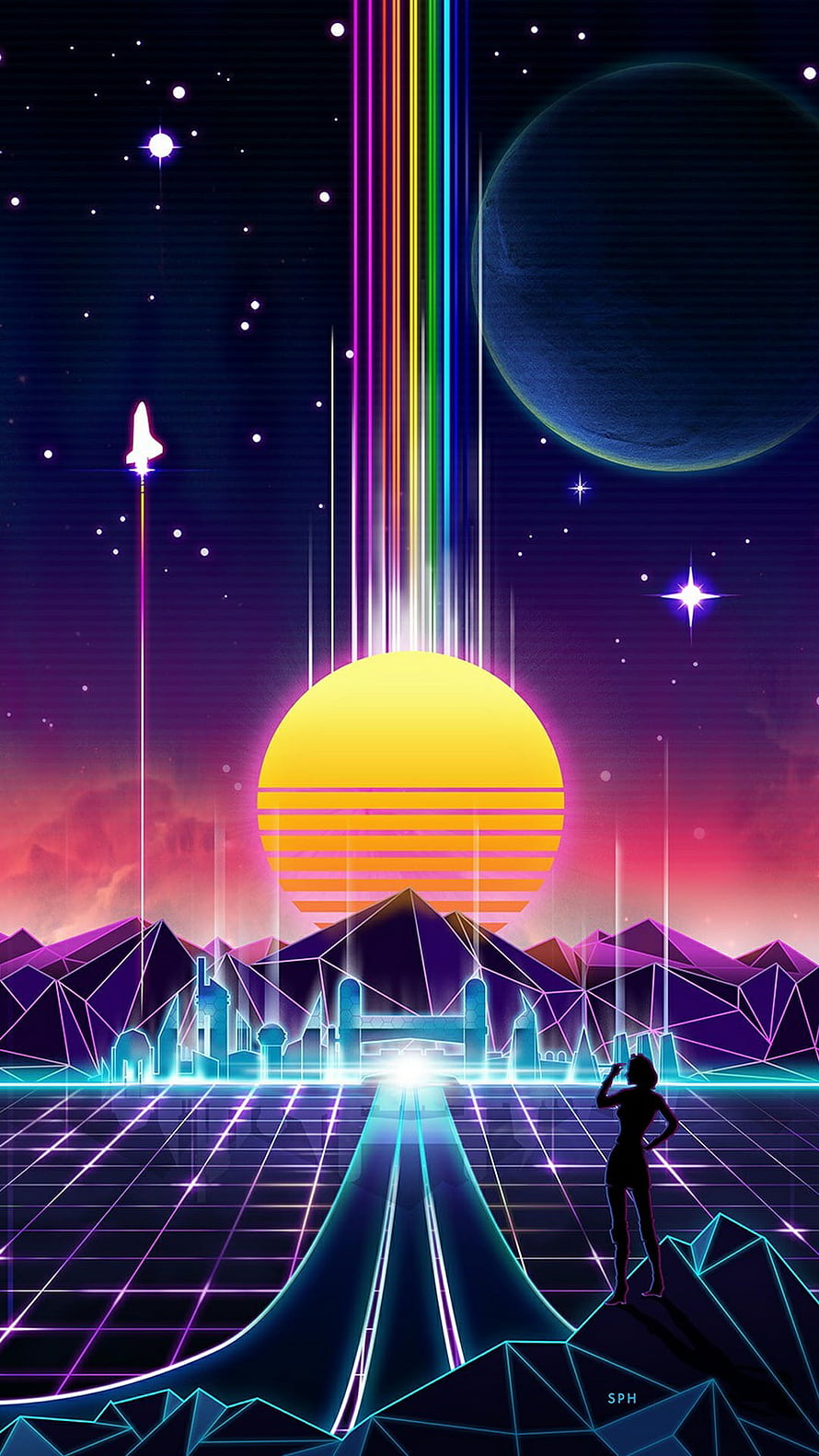 Retro Synthwave Sunset with Neon Grid, Low Poly Mountains, and Silhouette Figure HD phone wallpaper