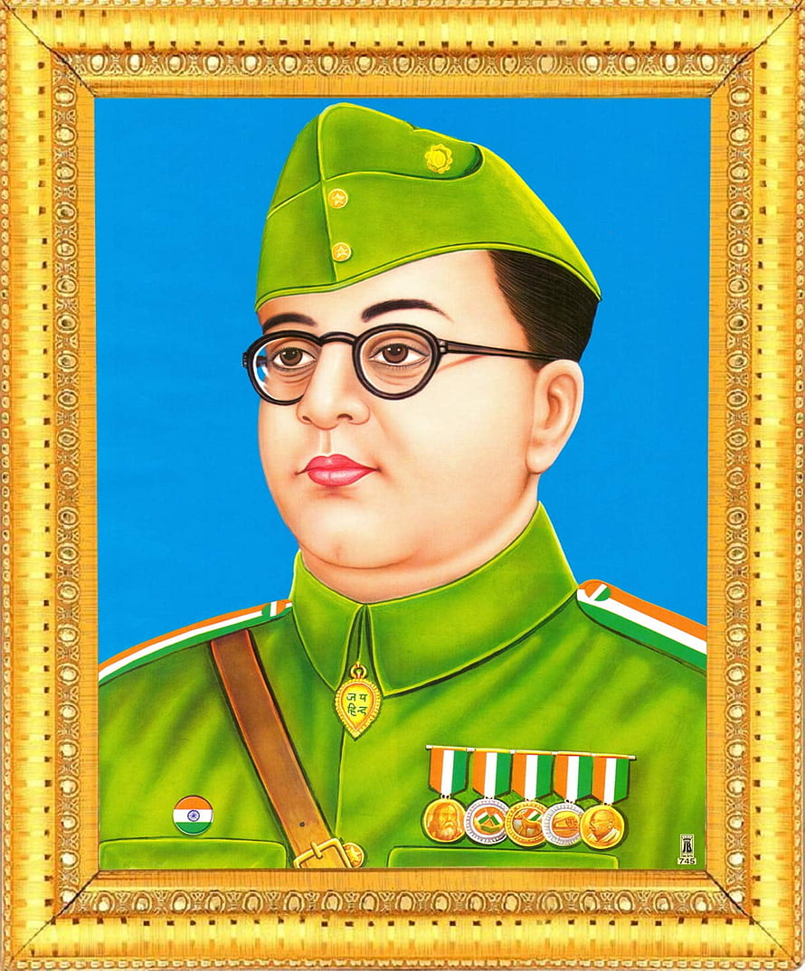 Subhas Chandra Bose Military Portrait Painting in Ornate Gold Frame HD phone wallpaper