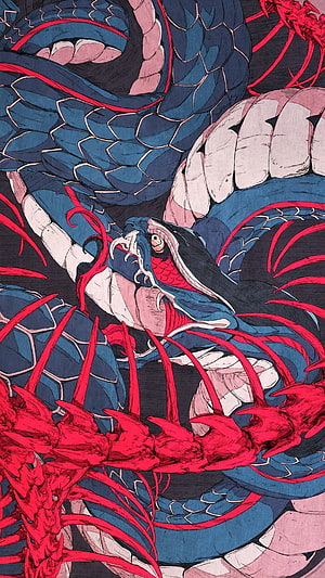 Intricate Japanese Style Snake Illustration with Red and Blue Scales HD phone wallpaper