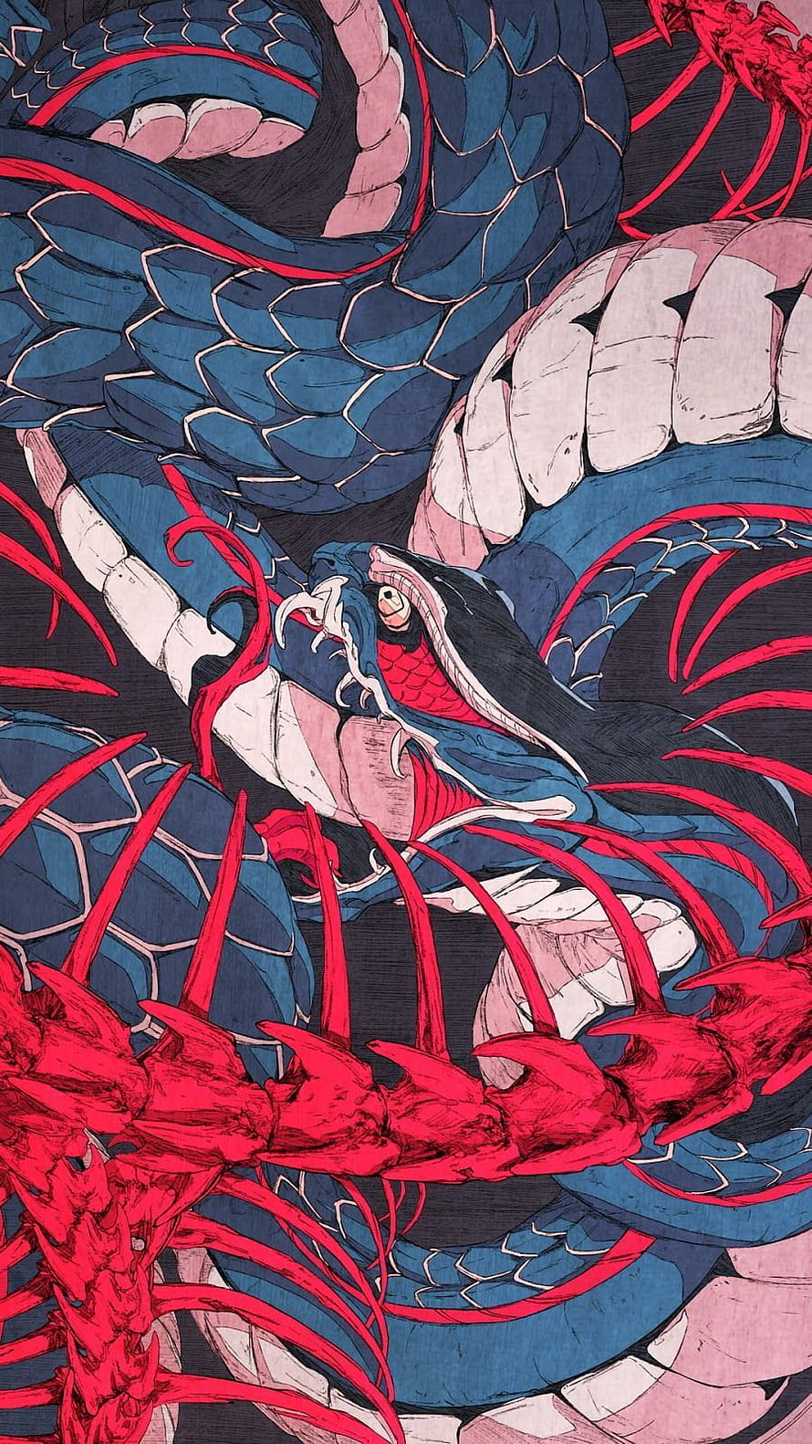Intricate Japanese Style Snake Illustration with Red and Blue Scales HD phone wallpaper