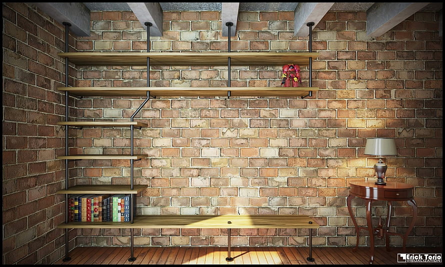 Industrial Loft Interior With Exposed Brick Wall, Wooden Shelves, and Vintage Side Table HD wallpaper