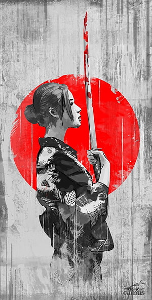 Anime Girl Holding Bloody Katana Sword Against Red Sun Background HD phone wallpaper