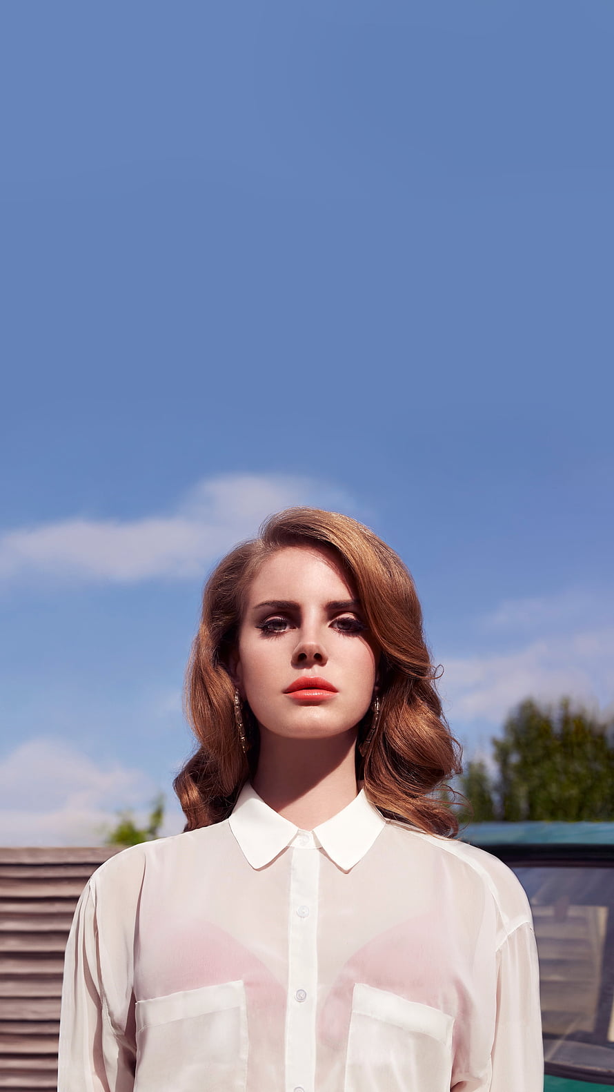 Portrait of a woman with wavy hair wearing a sheer white shirt against a blue sky, My Pins, Lana Del Rey Aesthetic HD phone wallpaper