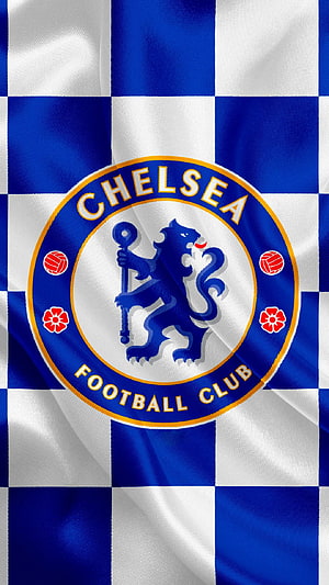 Chelsea Football Club Crest on Blue and White Checkered Fabric Background HD phone wallpaper