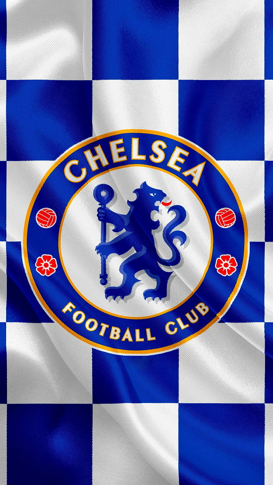 Chelsea Football Club Crest on Blue and White Checkered Fabric Background HD phone wallpaper
