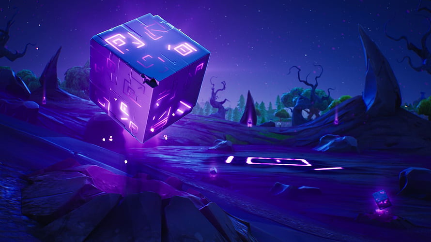 Glowing Purple Cube in Fortnite's Dark Fantasy Landscape HD wallpaper