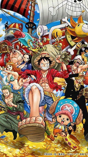One Piece Straw Hat Pirates celebrating with treasure on the Thousand Sunny ship anime wallpaper HD phone wallpaper