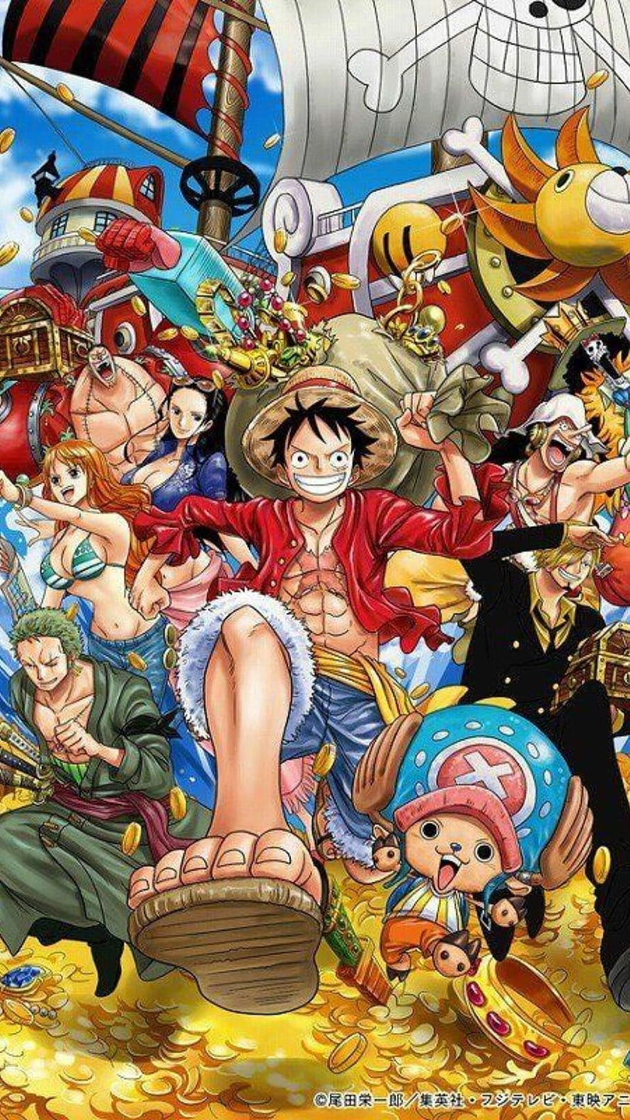 One Piece Straw Hat Pirates celebrating with treasure on the Thousand Sunny ship anime wallpaper HD phone wallpaper