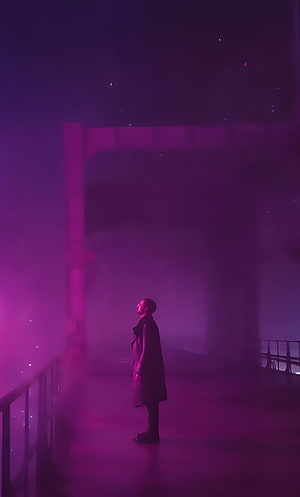 Silhouette of a person standing on a foggy bridge under purple neon lights HD phone wallpaper