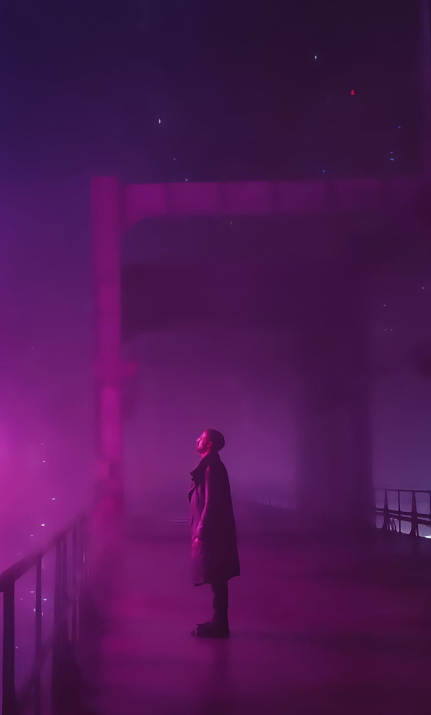 Silhouette of a person standing on a foggy bridge under purple neon lights HD phone wallpaper