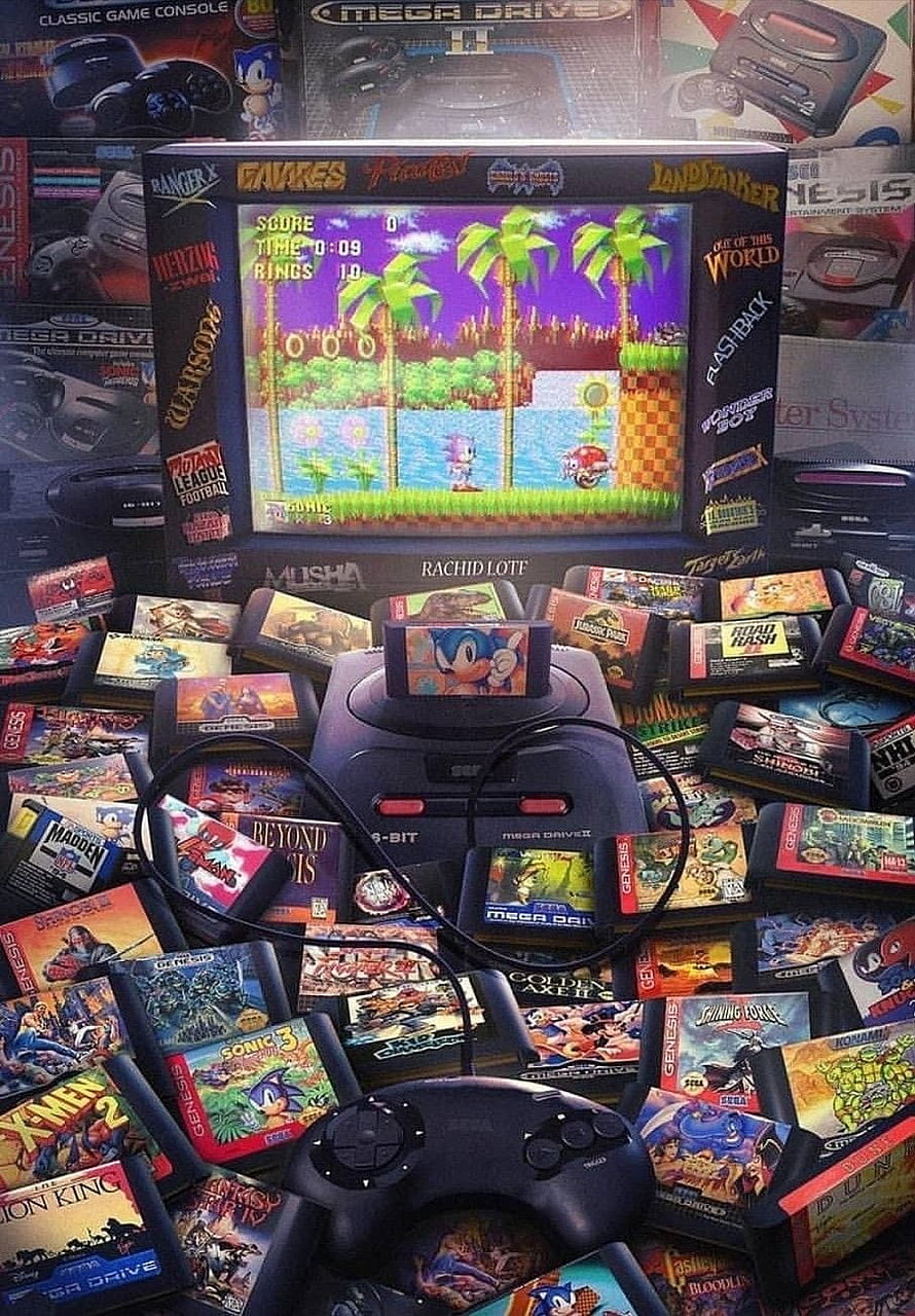 Sega Genesis Console Surrounded by Classic Game Cartridges and Retro Gaming Artwork HD phone wallpaper