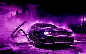 Ford Mustang GT Shattering Chains in Purple Haze with Gothic Castle HD wallpaper