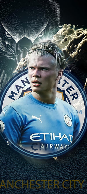 Erling Haaland Manchester City Sky Blue Jersey Portrait with Eagle Graphic, Sports, fifa, haaland, Norway, haland, England, mancity, player HD phone wallpaper