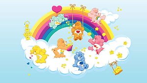 Colorful Care Bears Playing On Clouds Under A Rainbow With Stars And Hearts HD wallpaper