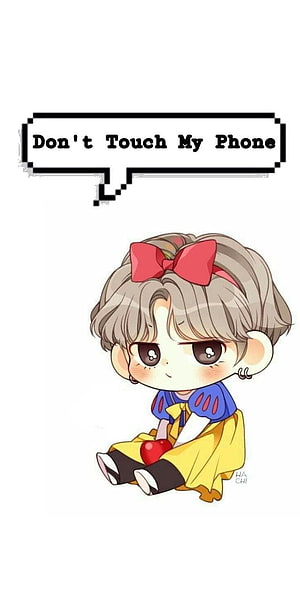 Cute Chibi BTS Member Illustration with Red Bow and Speech Bubble HD phone wallpaper