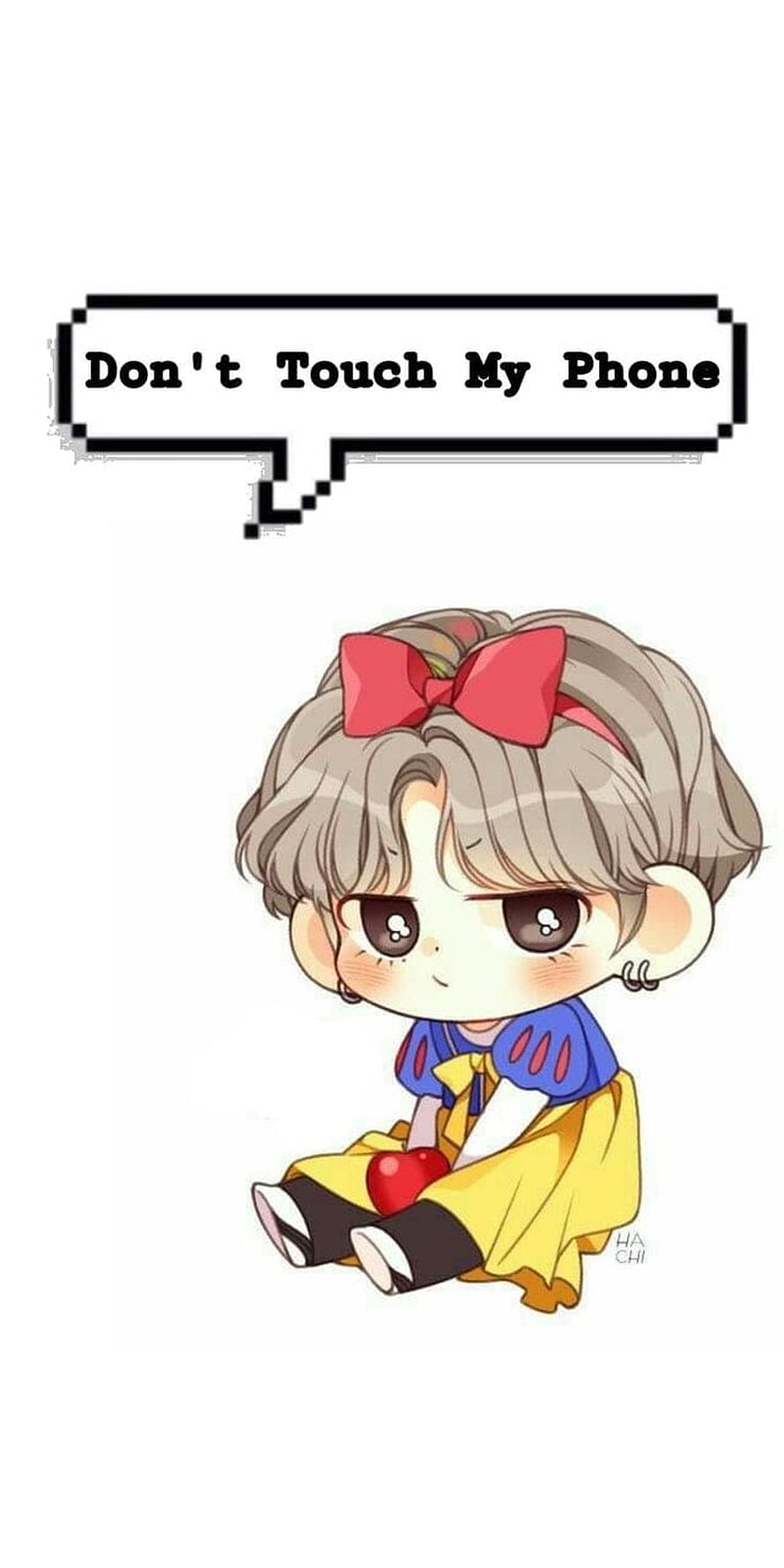 Cute Chibi BTS Member Illustration with Red Bow and Speech Bubble HD phone wallpaper